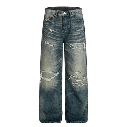 Damage Whisker Wash Straight Denim Jeans WN25951