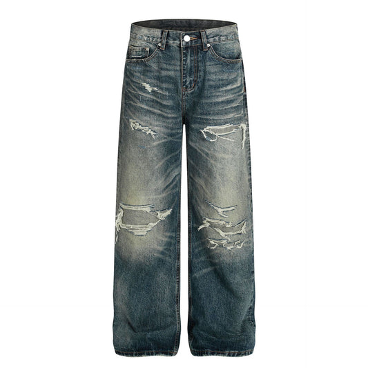 Damage Whisker Wash Straight Denim Jeans WN25951