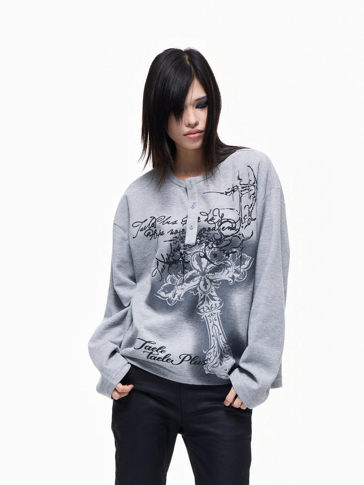 Henley Neck Cross Print Waffle Oversize Long Sleeve T-Shirt WN27277