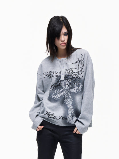 Henley Neck Cross Print Waffle Oversize Long Sleeve T-Shirt WN27277