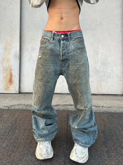 Washed Damage Wide Leg Denim Jeans WN24111