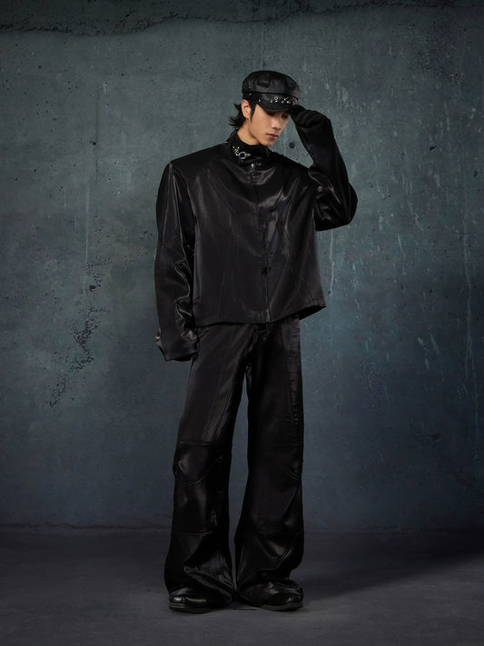 Glossy Stand-Neck Short Zipper Jacket & Wide-Leg Straight Pants Setup WN13477