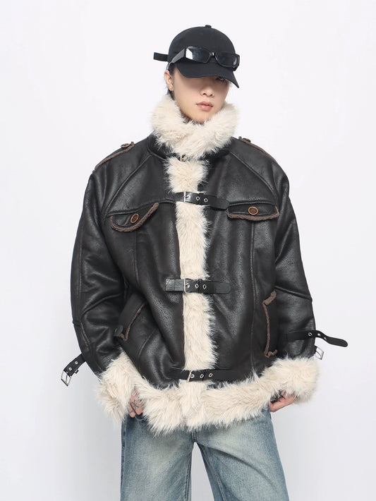 Fake Fur Neck PU Leather Quilting Jacket WN10908