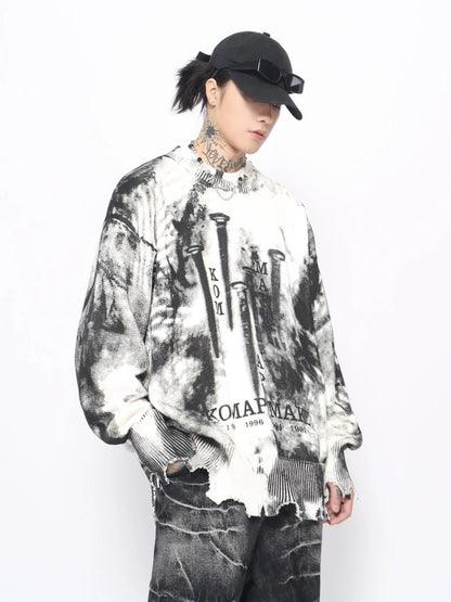 Graffiti Design Damage Raw Hem Oversize Knit Sweater WN10902