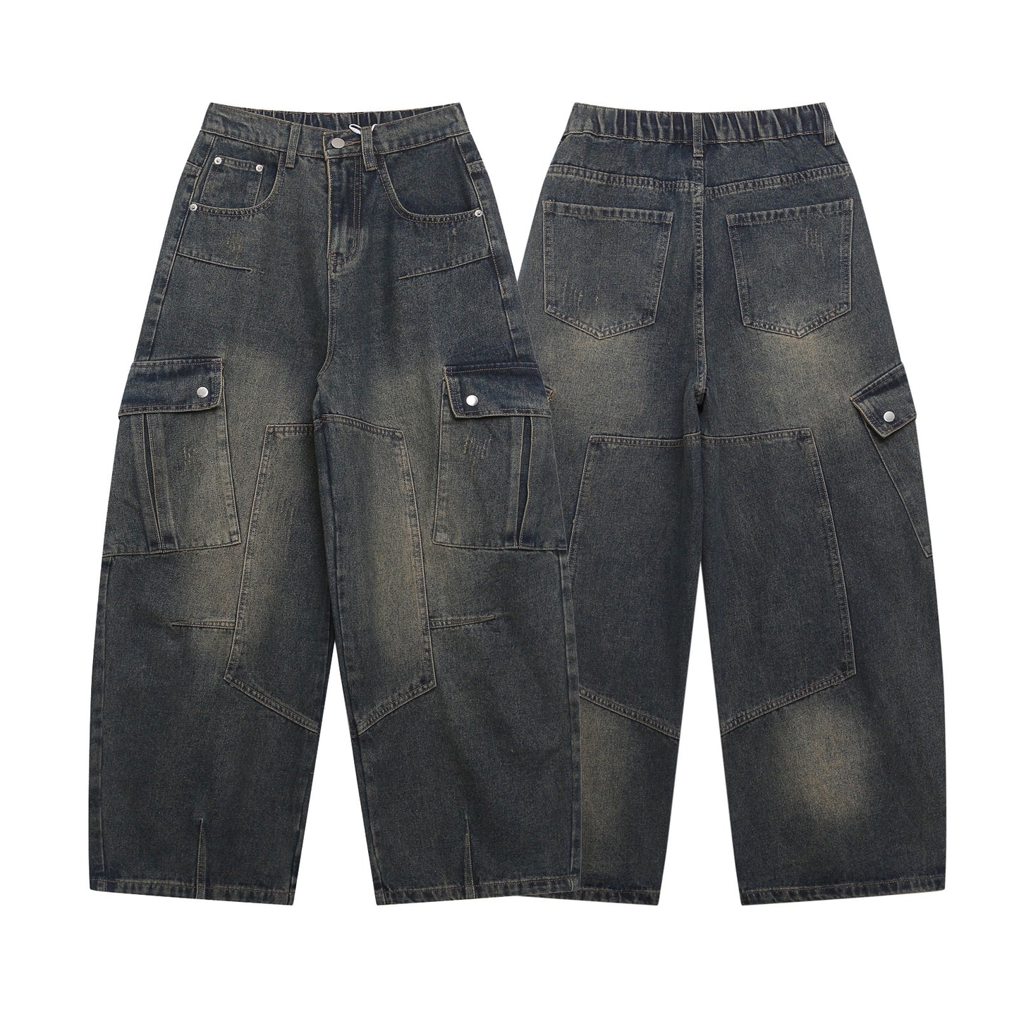 Wide Leg Multi-Pocket Washed Cargo Denim Jeans WN26925