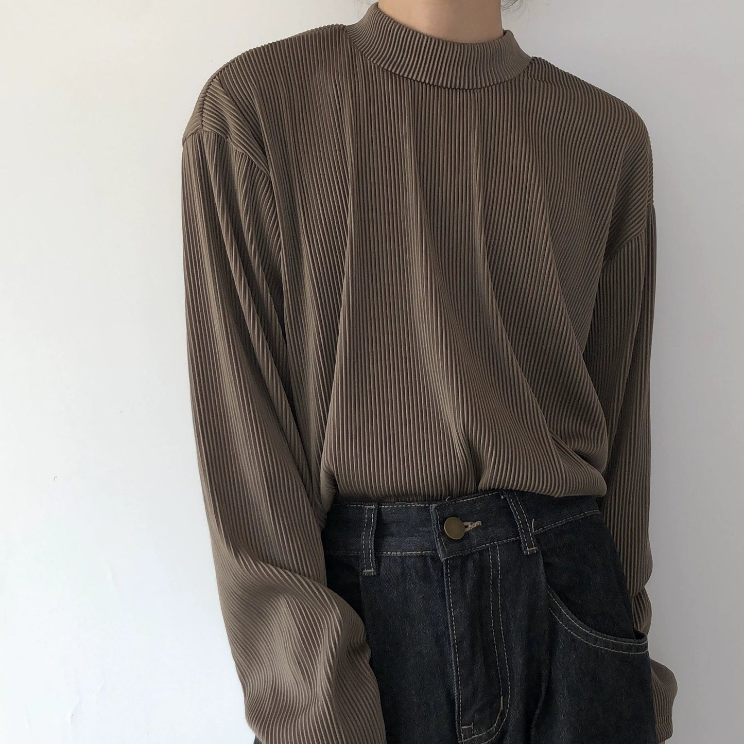 Pleats Stripe High-Neck Long Sleeve T-Shirt WN19984