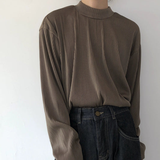 Pleats Stripe High-Neck Long Sleeve T-Shirt WN19984