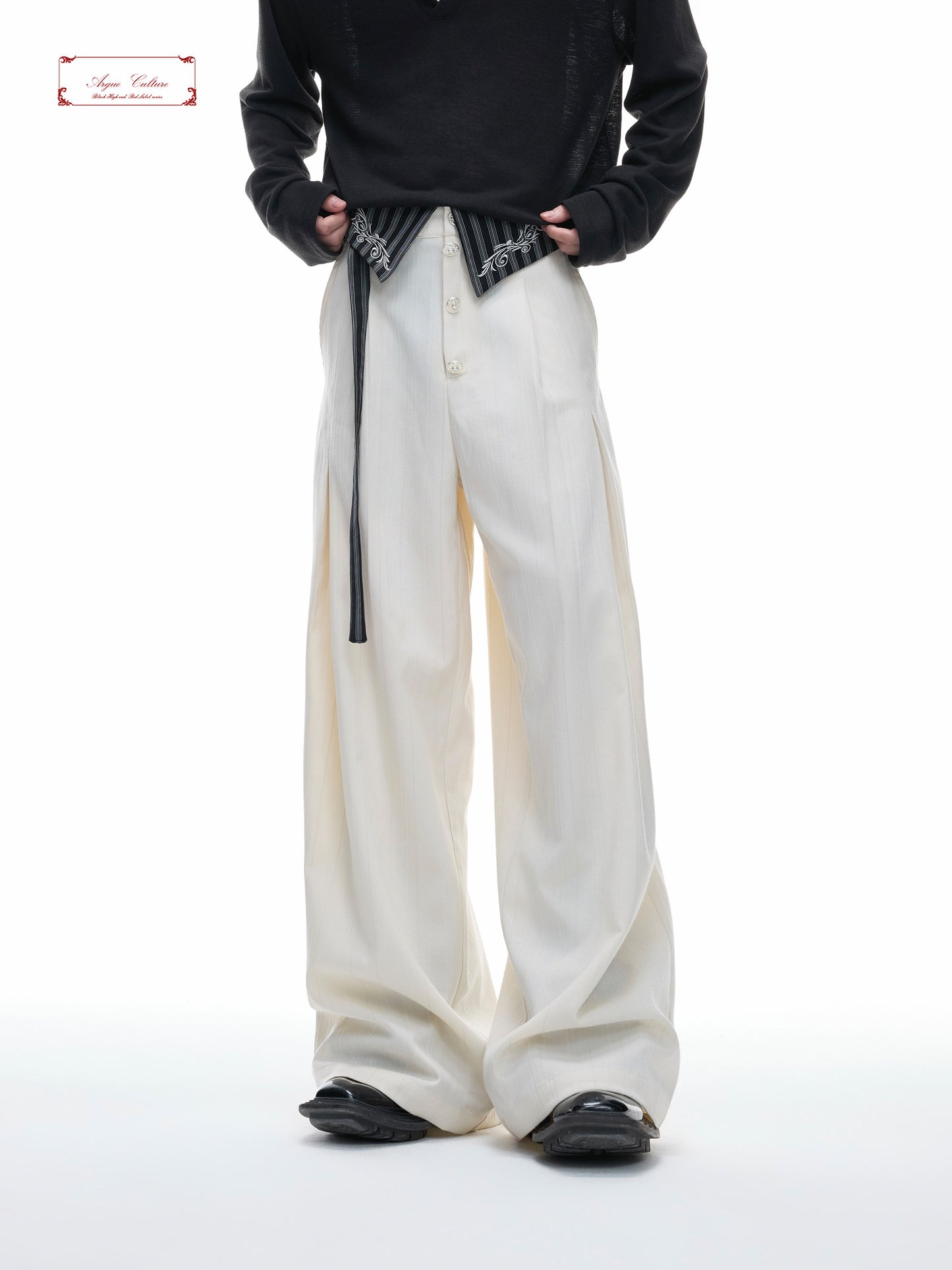High-Waist Stripe Ribbon Wide Leg Pants WN27013