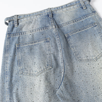 Rhinestone Drawstring Wide Leg Denim Jeans WN25560