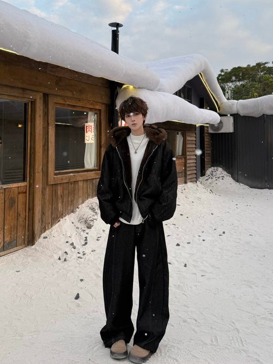 Fake Fur Collar Hooded Denim Jacket & Wide Leg Denim Jeans Setup WN23190