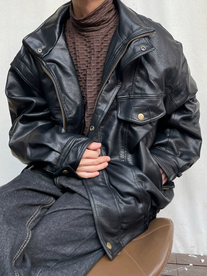 Stand Neck Oversize Thick PU Leather Short Jacket WN19991