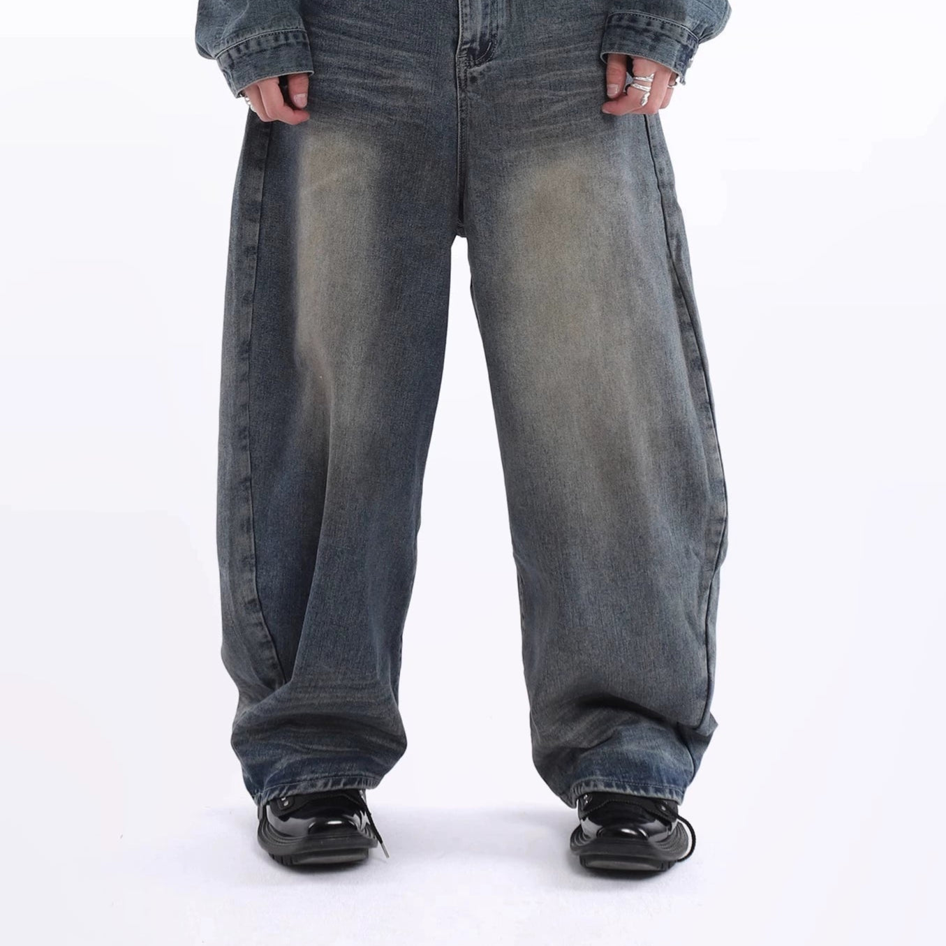 Patchwork Design Oversize Denim Jacket & Wide Leg Denim Jeans Setup WN20639