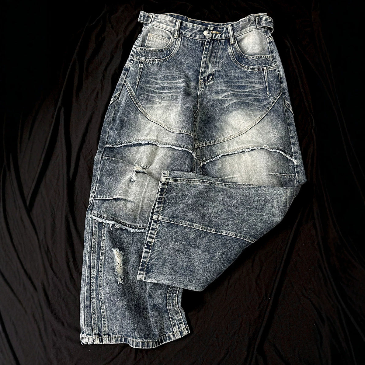 Washed Damage Splice Wide Leg Denim Jeans WN25742