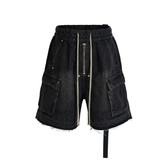 Drawstring Cargo Damage Denim Half Jeans WN25525