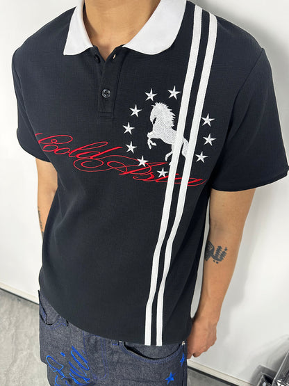 Polo Collar Stripe Graphic Print Short Sleeve Shirt WN27169