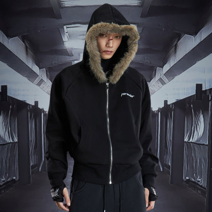 Fake Fur Deconstructed Cropped Zipper Hoodie WN22827
