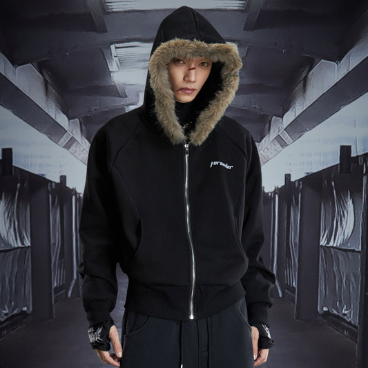 Fake Fur Deconstructed Cropped Zipper Hoodie WN22827