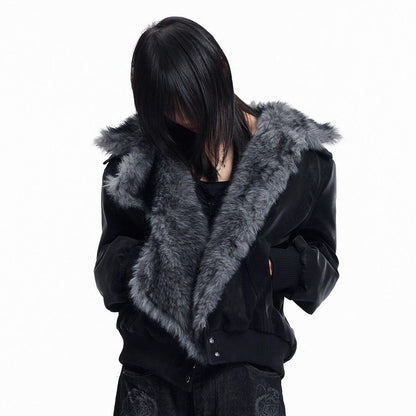 Fake Fur Patchwork Lapel PU Leather Jacket WN27325