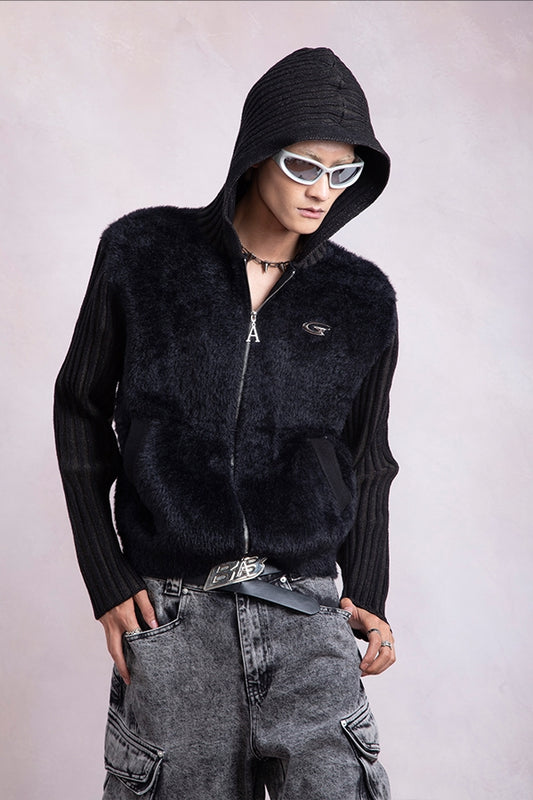 Fake Fur Hooded Zipper Knit Cardigan WN9336