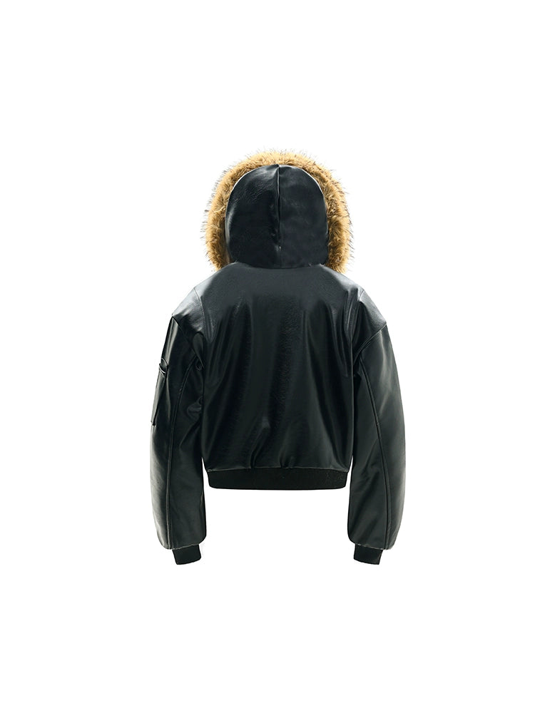 Fake Fur-Collar Plush Hooded Zipper Jacket WN22178