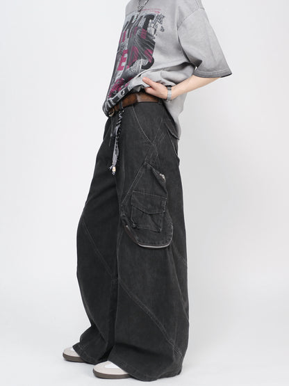 Washed Panel Seam Multi Pocket Wide Leg Denim Jeans WN24487