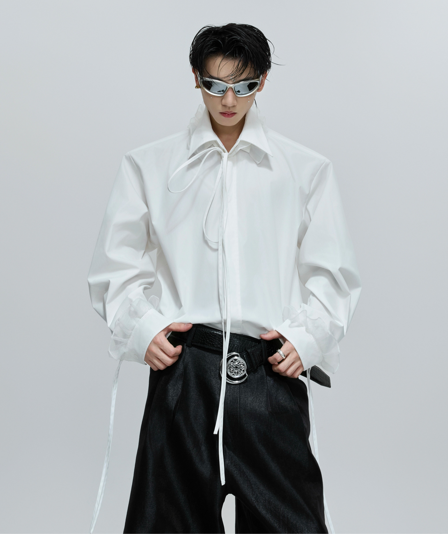 Detachable Ribbon Lace Shoulder-Pad Long Sleeve Shirt WN21713
