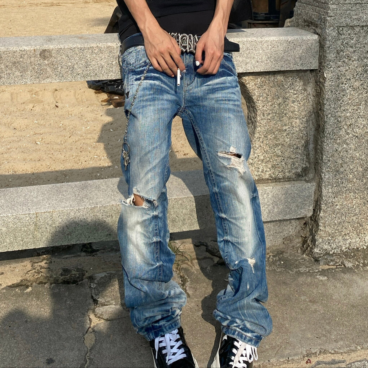 Damage Washed Stacked Denim Jeans WN27404