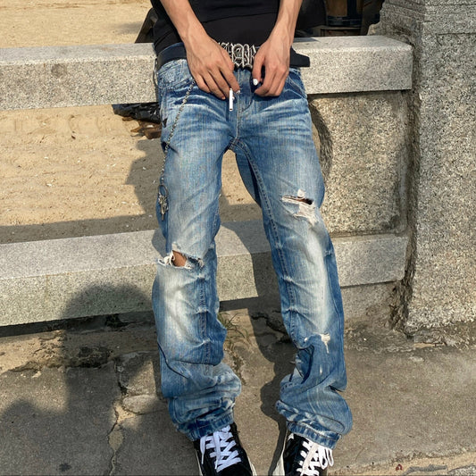 Damage Washed Stacked Denim Jeans WN27404