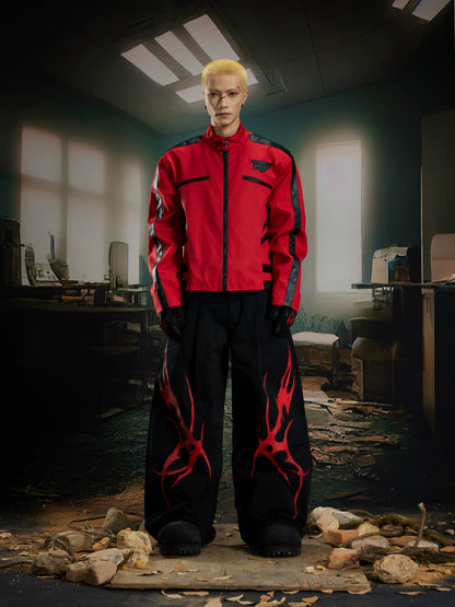 Standing-Collar Contrast Patchwork PU Leather Jacket WN21377