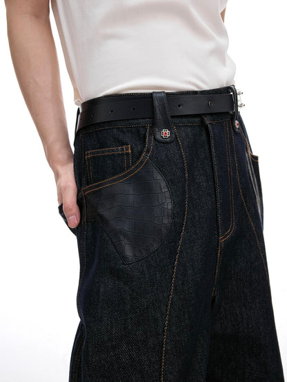 Crocodile Pattern PU Leather Mix Denim Jacket & PU Leather Mix Denim Jeans Setup WN20524