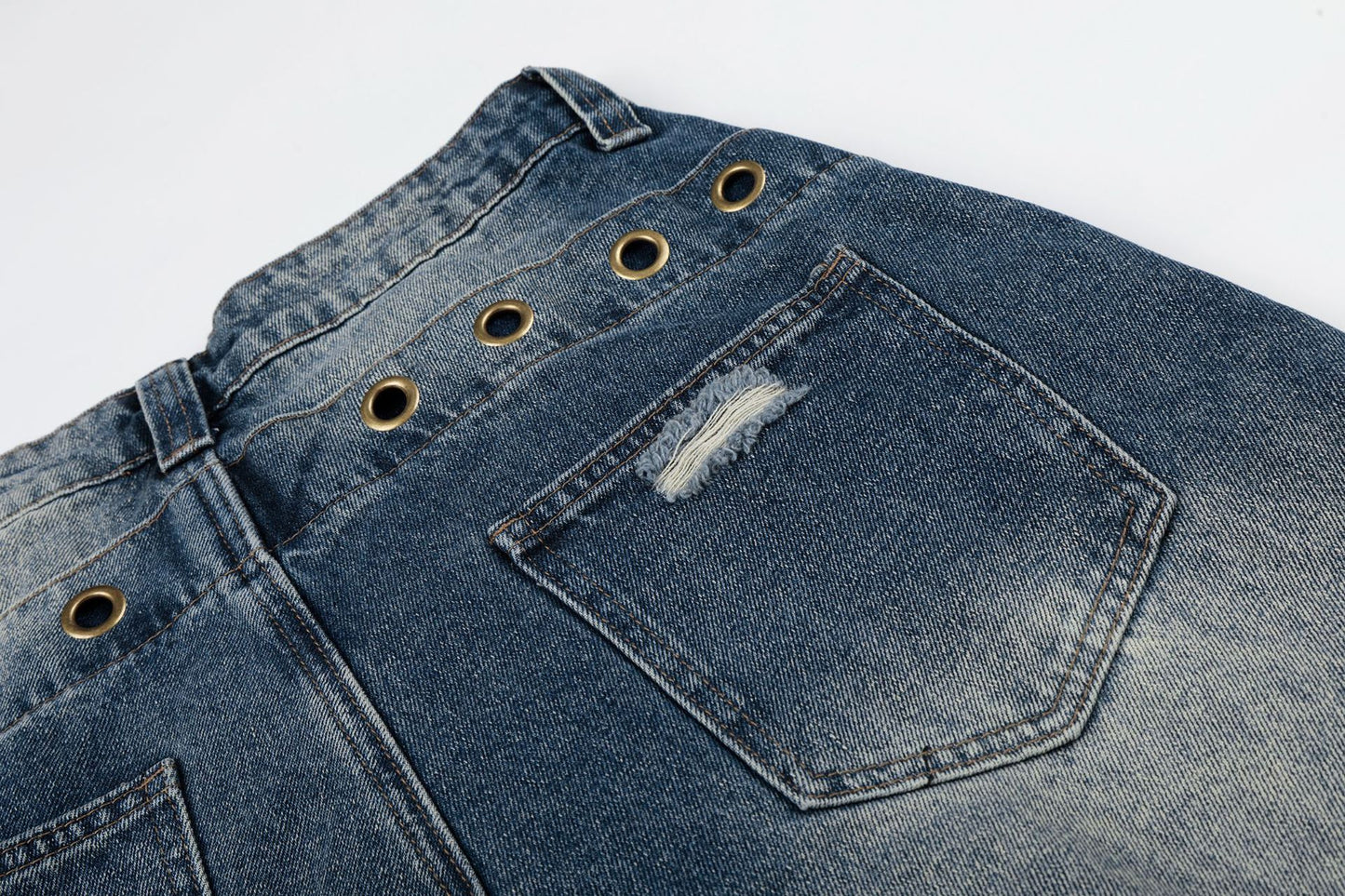 Wash Rivet Damage Wide Leg Denim Jeans WN25573