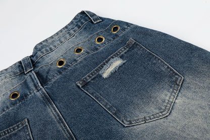Wash Rivet Damage Wide Leg Denim Jeans WN25573