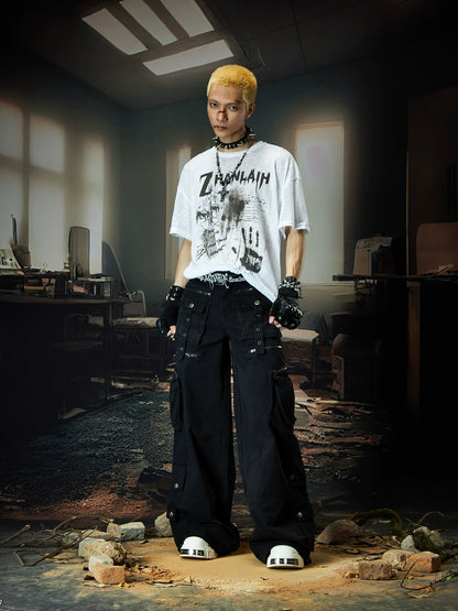 Multi-Pocket Strap Zipper Patchwork Layered Wide Leg Cargo Pants WN18518