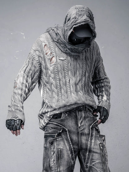 Hooded Oversize Damage Tassel Cable Knit Sweater WN22423