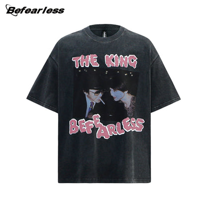 Washed Movie Parody Print Oversize Short Sleeve T-Shirt WN26399