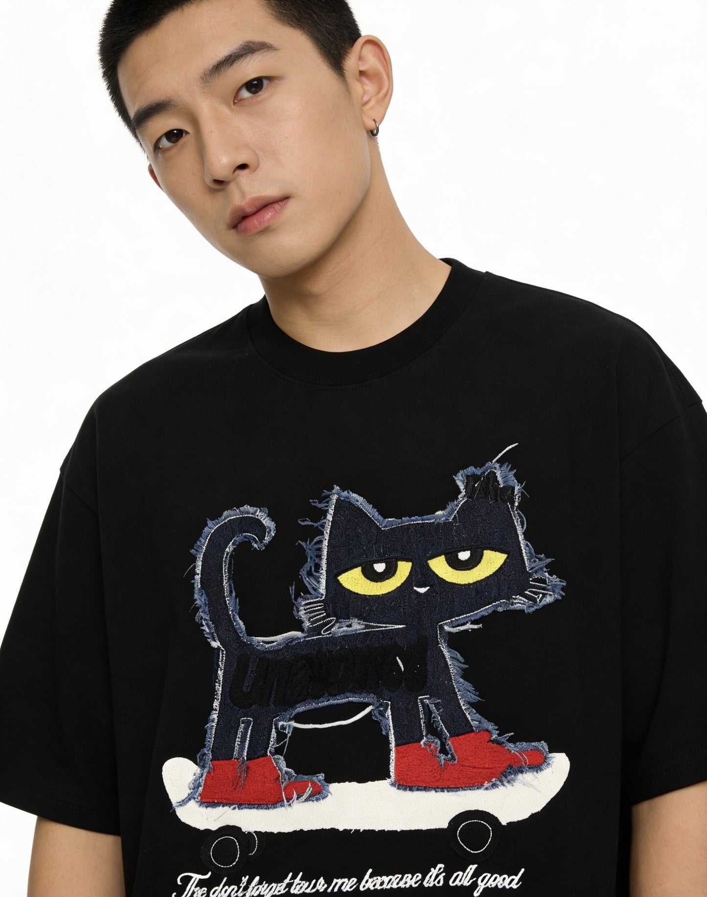 Cat Applique Embroidery Short Sleeve T-Shirt WN25665