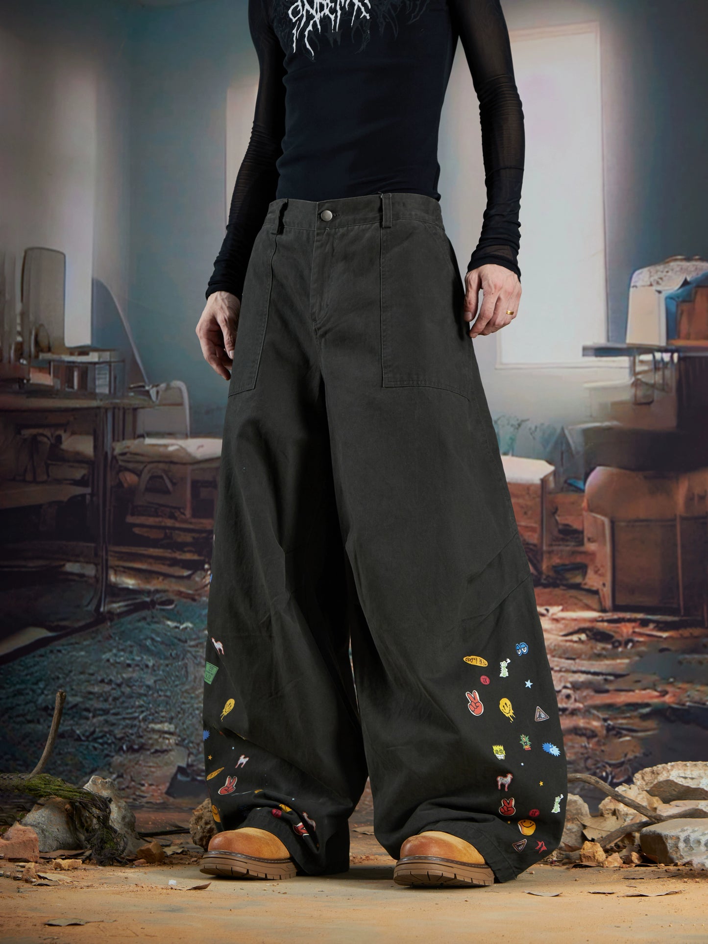 Cartoon Embroidery Wide Leg Pants WN21366