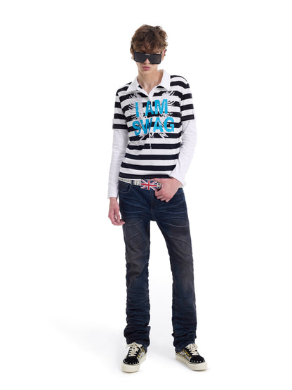 Fake Layered Stripe Logo Print Long Sleeve Polo Shirt WN27198
