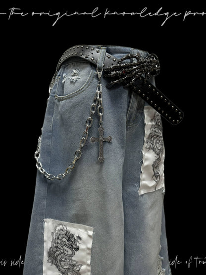 Patchwork Design Wide Leg Denim Half Jeans & Belt & Chain WN20112