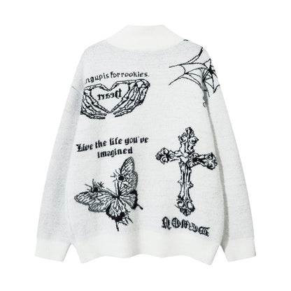 Butterfly Cross Design Oversize Zipper Knit Cardigan WN11170