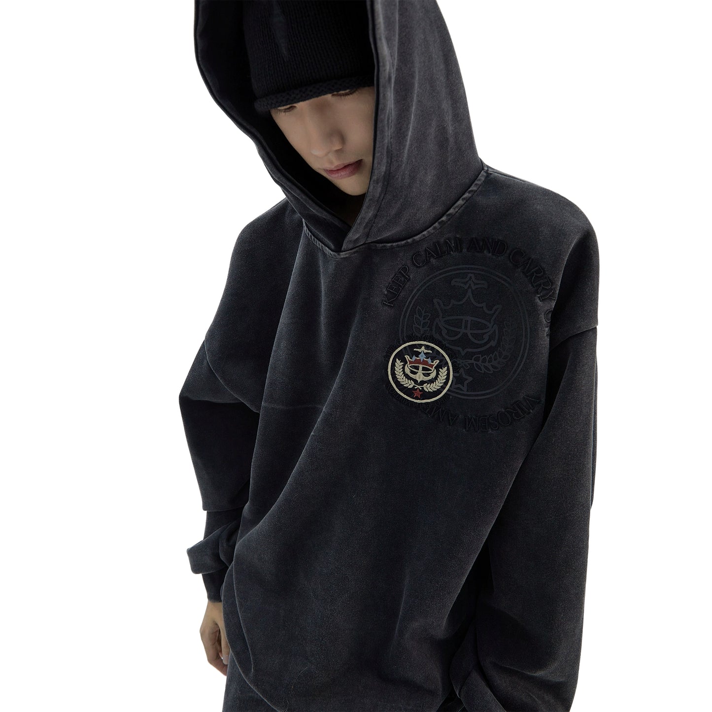 Embroidery Badge Washed Vintage Hoodie WN8772