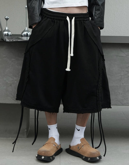 Heavyweight Washed Frayed Strap Wide Leg Half Pants WN27876