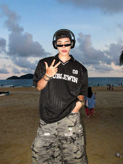 Colorblock Stripe Shoulder-Pad Short Sleeve T-Shirt WN20859