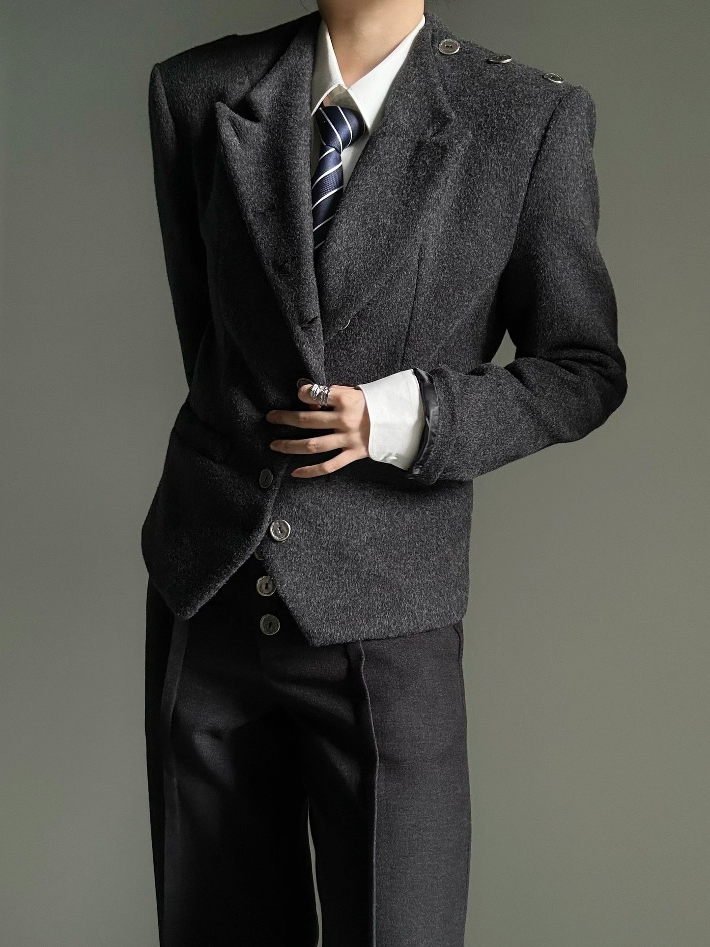 Wool Standing-Collar Button-Front Tailored Jacket & Design Shawl Set WN23141