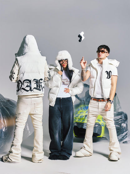 Towel-textured Embroidery Letter Shiny Detachable Hood Down Vest WN21010