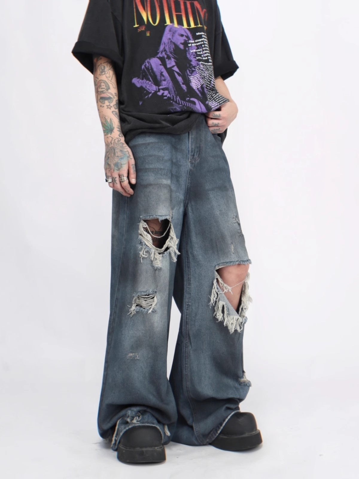 Washed Damage Wide-Leg Straight Denim Jeans WN6949