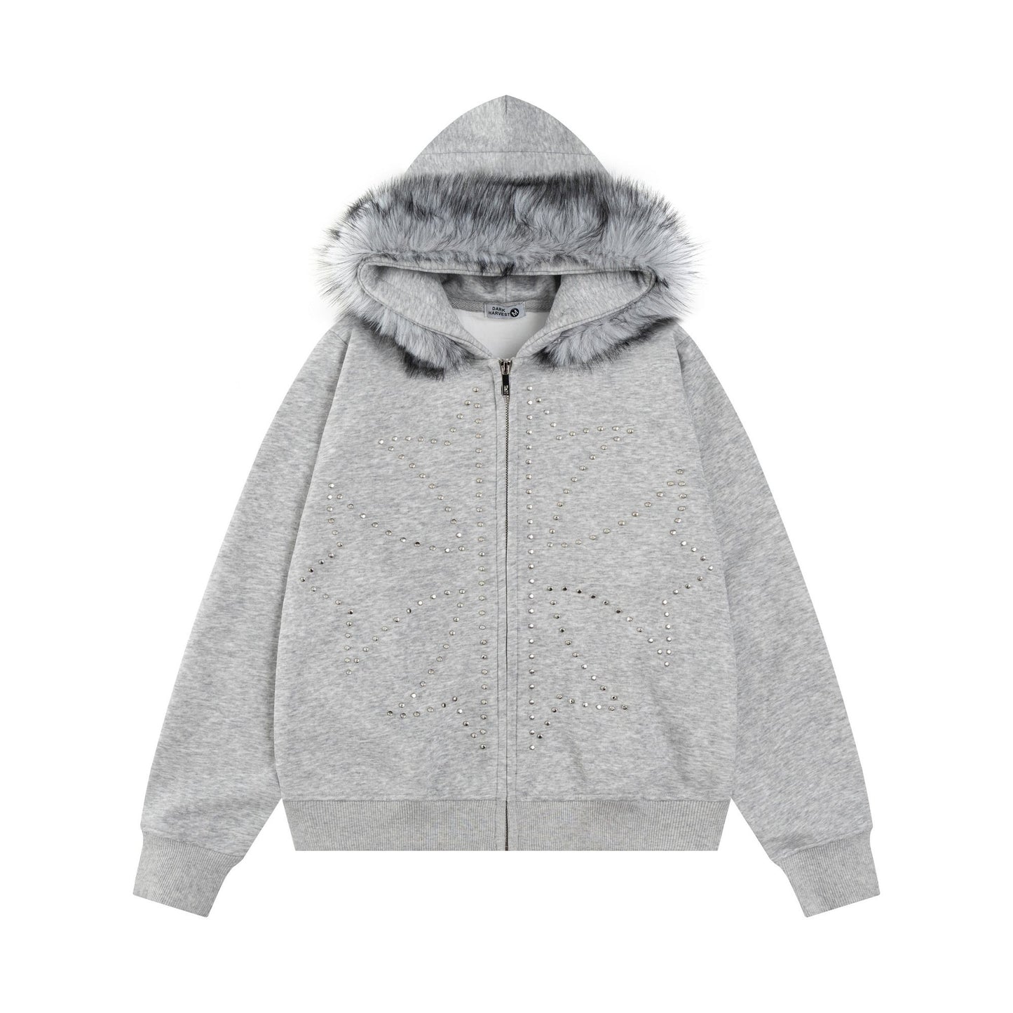 Fake Fur Collar Studs Detail Zipper Hoodie WN24184