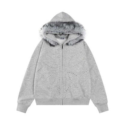 Fake Fur Collar Studs Detail Zipper Hoodie WN24184