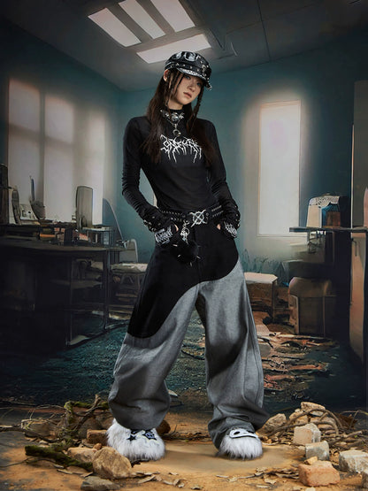 Patchwork Color Block Spray Paint Wide Leg Denim Jeans WN20576