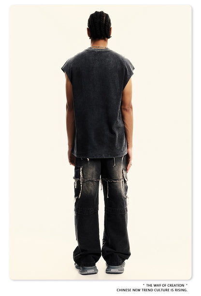 Washed Damage Print Oversize Tank Top T-shirt WN6391